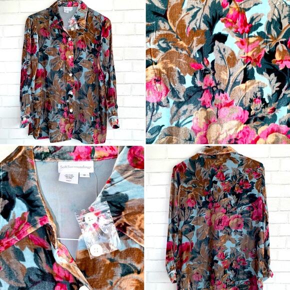 Soft Surroundings $119 Floral Silk Blend Velvet Button Down Shirt S NWOT - Picture 1 of 9